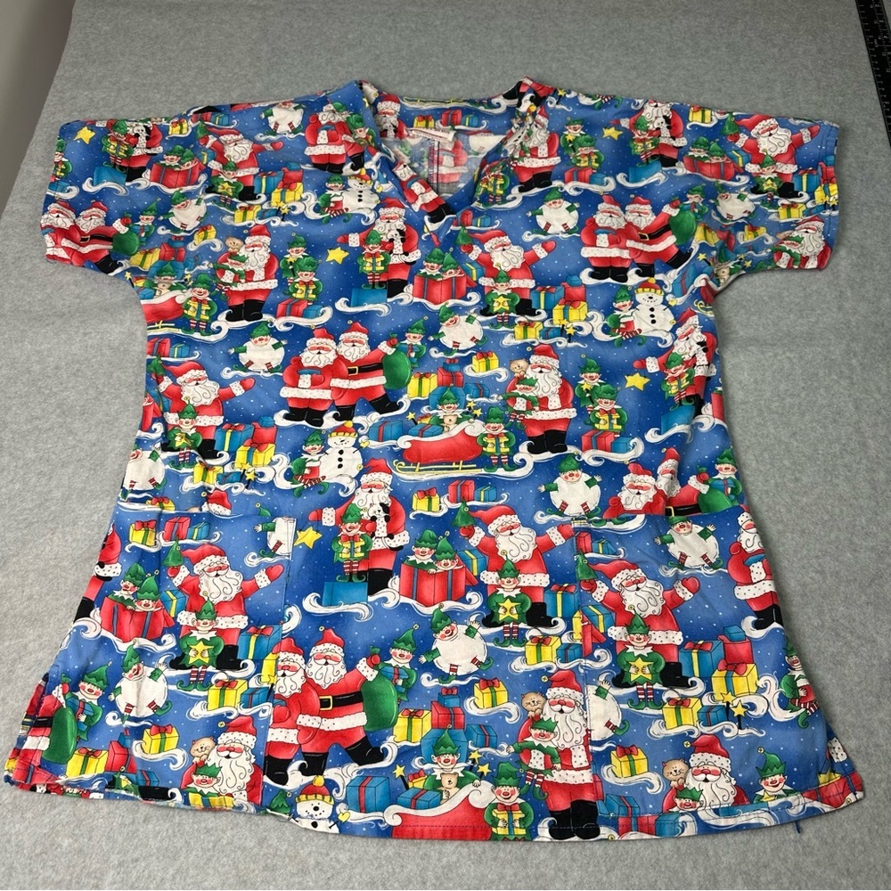 White Cross Women's‎ M Festive Blue Santa Scrub Top